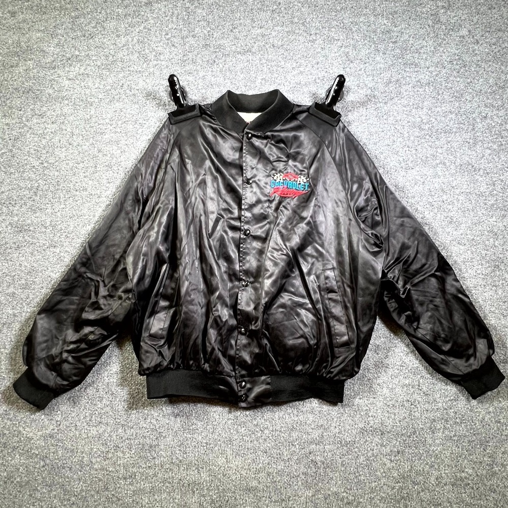 WestArk Chevrolet Racing Jacket Mens 2XL Black Satin Snap Front Vintage USA Made